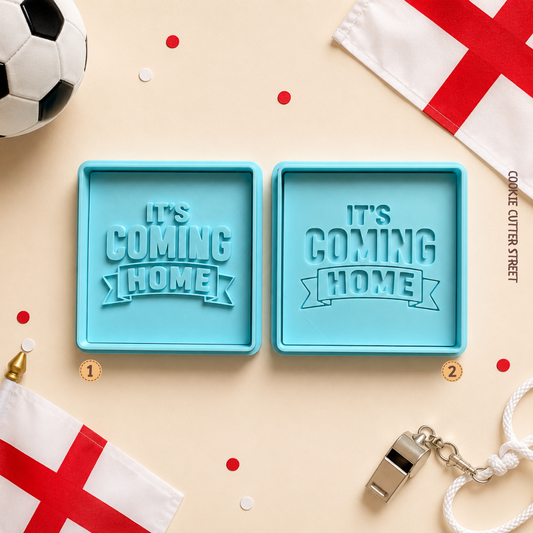 It’s Coming Home football cookie stamp available in imprint and raised effect styles for football-themed baking.