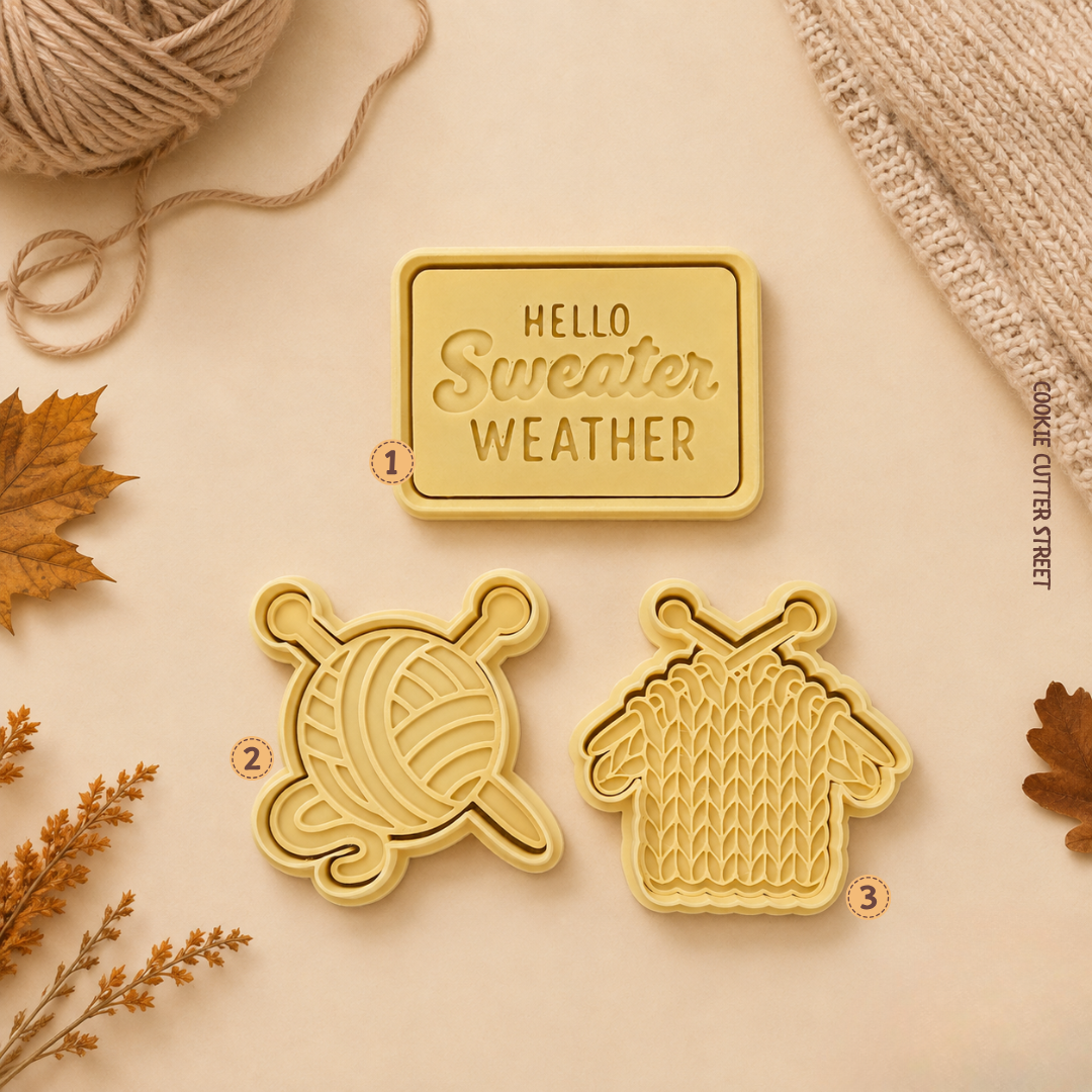 Three knitting-themed cookie stamps featuring a raised Hello Sweater Weather message, ball of wool with knitting needles and detailed knitted sweater imprint designs.