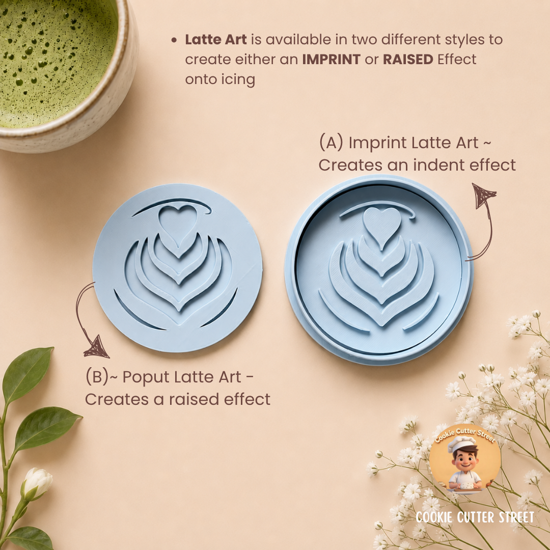 A flat-lay product comparison graphic showing two round light blue silicone stamp molds on a beige background, labeled for 'Imprint Latte Art' and 'Poput Latte Art' effects. The image includes a green matcha cup, baby's breath flowers, and text explaining the difference between the two stamp styles.