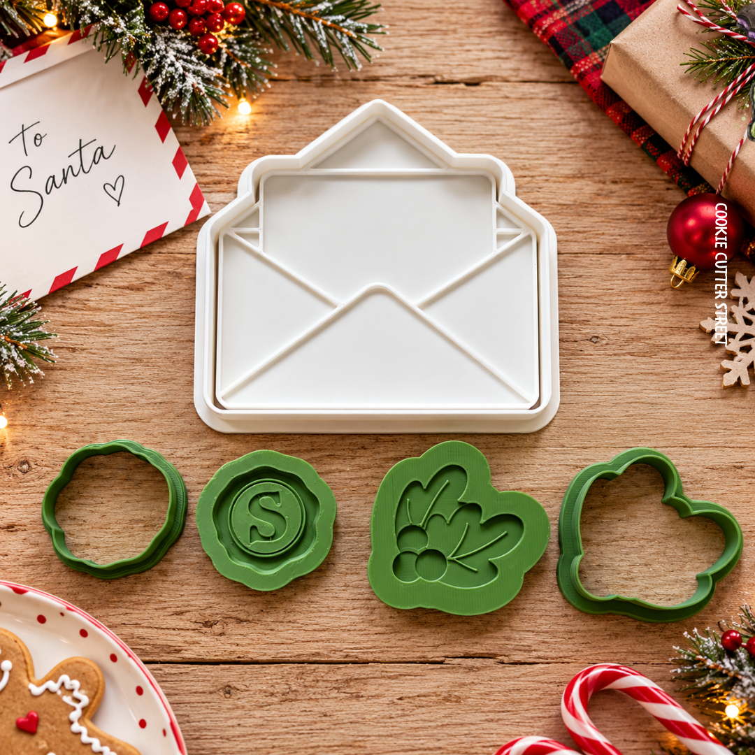Letter to Santa Christmas cookie stamp set with envelope imprint stamp, miniature mistletoe multi-level stamp and Santa wax seal stamp for layered festive cookies
