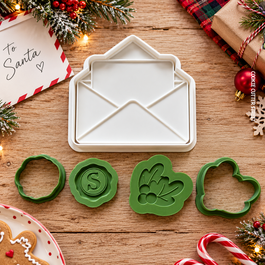 Letter to Santa Christmas cookie stamp set with envelope imprint stamp, miniature mistletoe multi-level stamp and Santa wax seal stamp for layered festive cookies