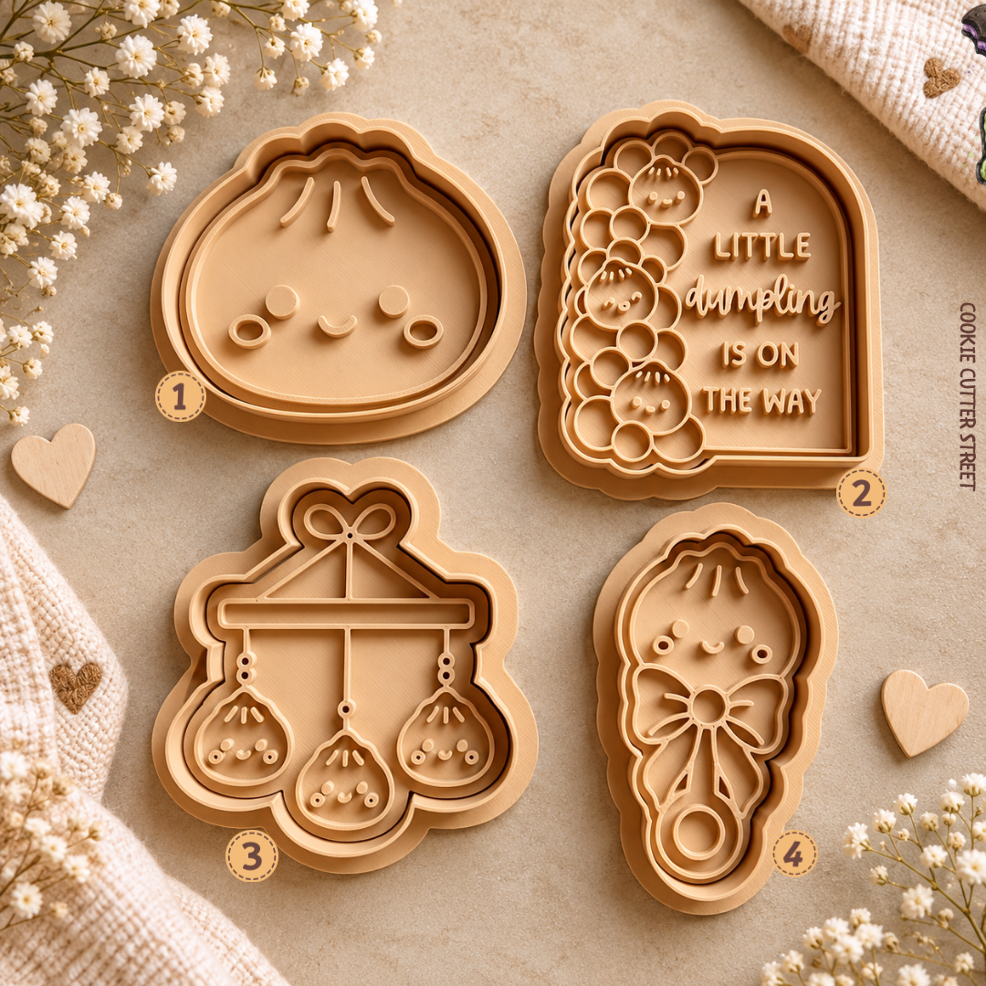 Little Dumpling baby shower imprint icing stamps with cute dumpling baby, pregnancy announcement message, hanging dumplings and swaddled baby design