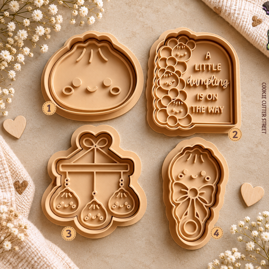 Little Dumpling baby shower imprint icing stamps with cute dumpling baby, pregnancy announcement message, hanging dumplings and swaddled baby design