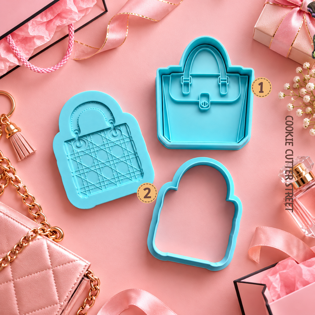 Luxury handbag icing stamps and cookie cutters featuring classic handbag imprint and quilted multi-level handbag designs.