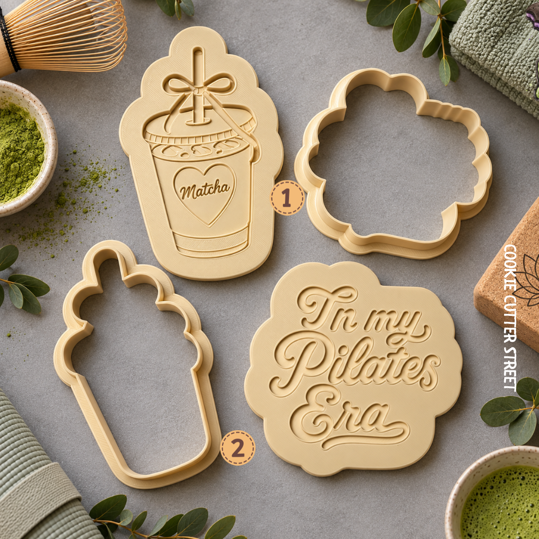 Matcha iced latte multi-level icing stamp and In My Pilates Era raised effect stamp with matching cookie cutters for wellness themed biscuits.