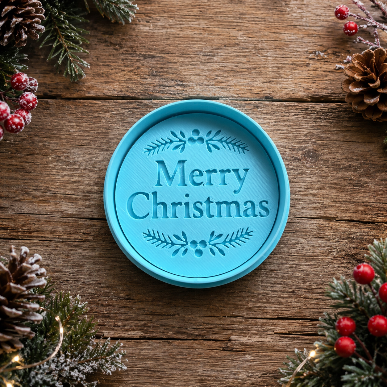Merry Christmas raised pop-out icing stamp with festive foliage design for Christmas fondant cookies and biscuits.