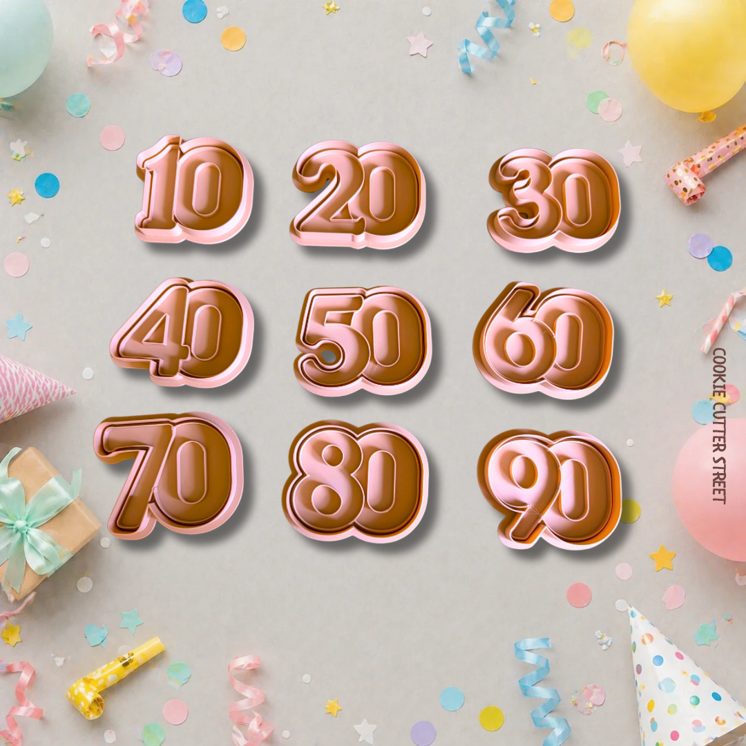 Milestone birthday number cookie cutter and stamp collection featuring numbers 10, 20, 30, 40, 50, 60, 70, 80 and 90 for celebration cookies.