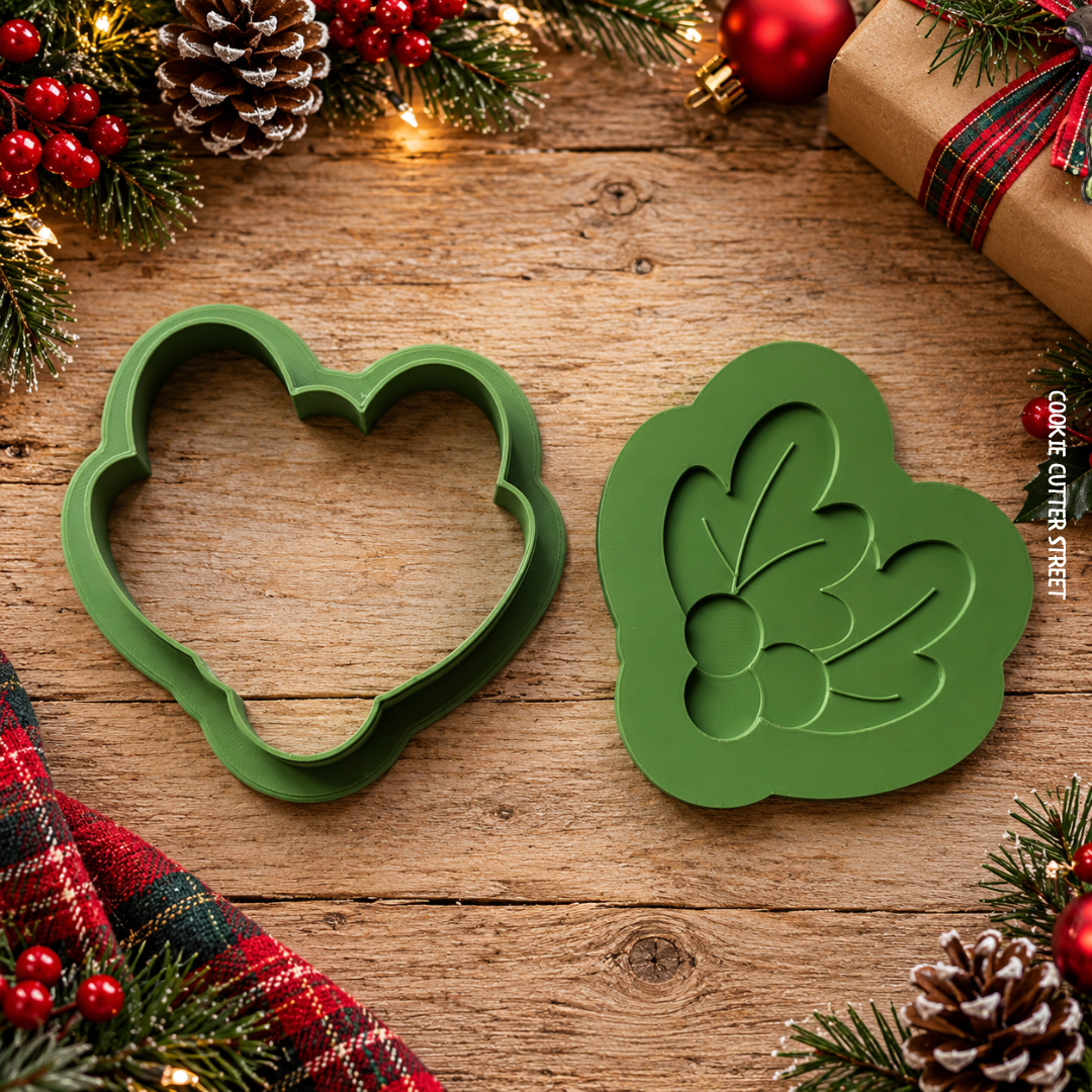 Mistletoe multi-level icing stamp and cookie cutter with miniature mistletoe stamp sizes for layered Christmas fondant and festive cookie decorations