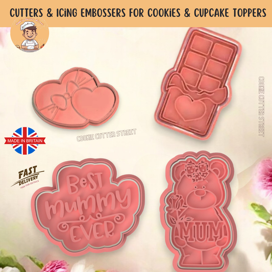 Set of Mother’s Day Cookie Cutters & Embossers, featuring a teddy bear with "Mum", a heart-wrapped chocolate bar, a duo heart shape for customisation, and a "Best Mummy Ever" plaque. Available individually or as a set of 4.