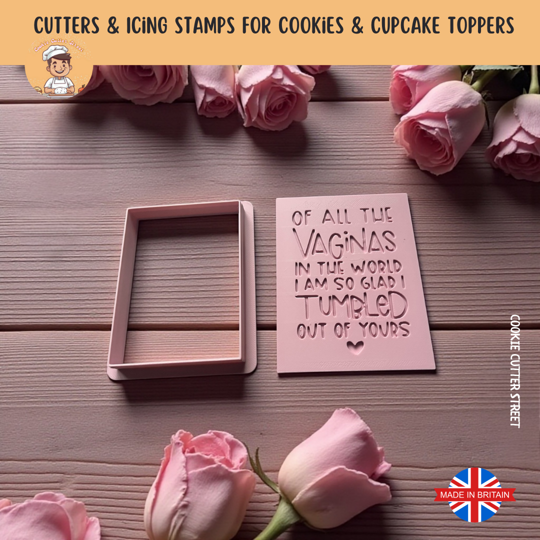 Rectangular Mother’s Day icing stamp and cookie cutter featuring a playful message, styled with pink roses on a wooden background.