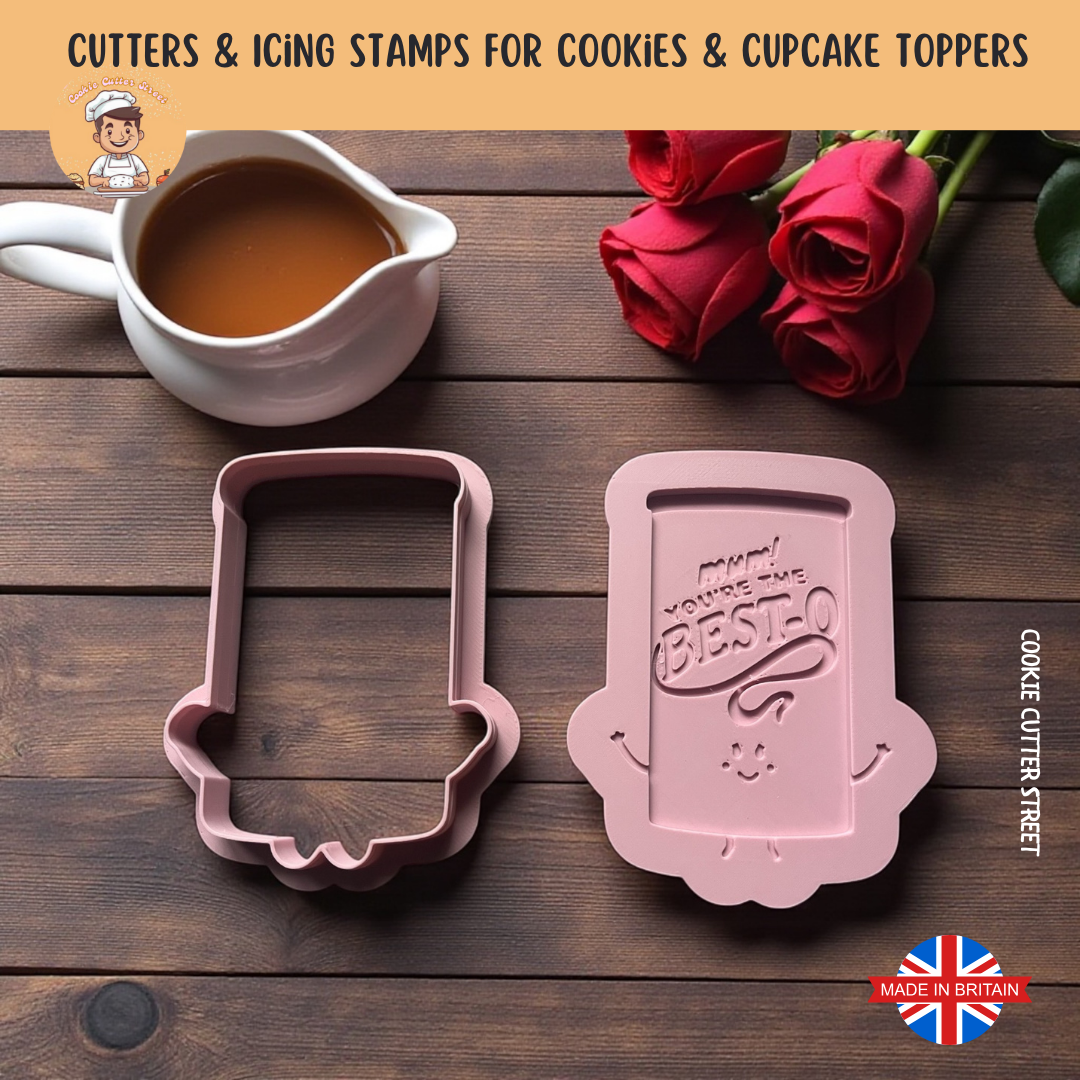 Mothers Day You're the besto gravy Two pink cookie cutters on a wooden surface with tea and roses.