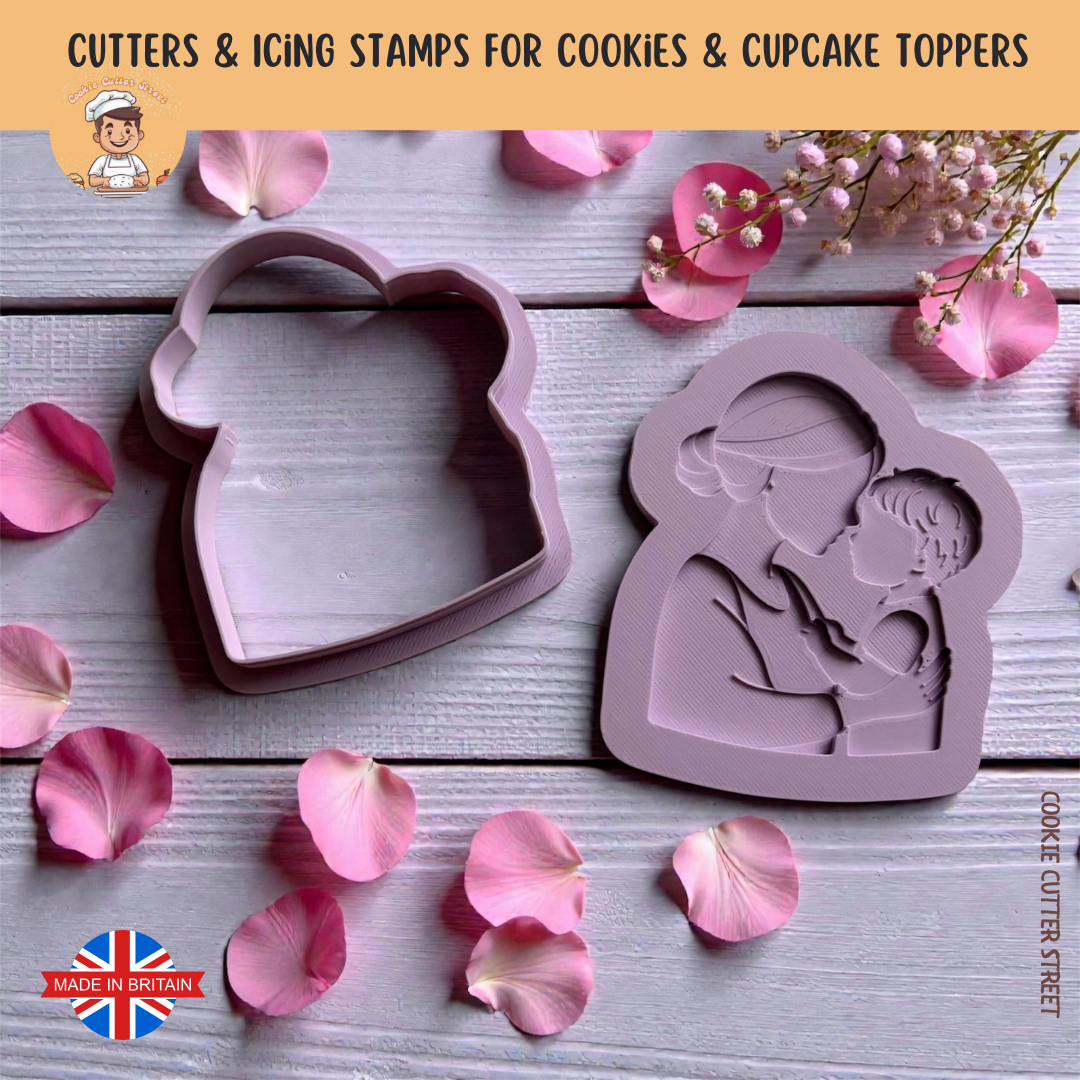 Mummy and son hug raised cookie stamp with matching cutter, displayed on a wooden background with pink petals.