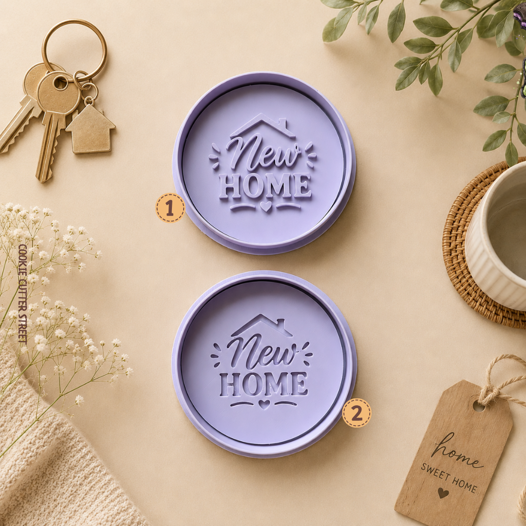 Two round lavender silicone coasters with 'New Home' embossed designs, displayed on a beige background with decorative props including keys, flowers, a mug, and a gift tag.