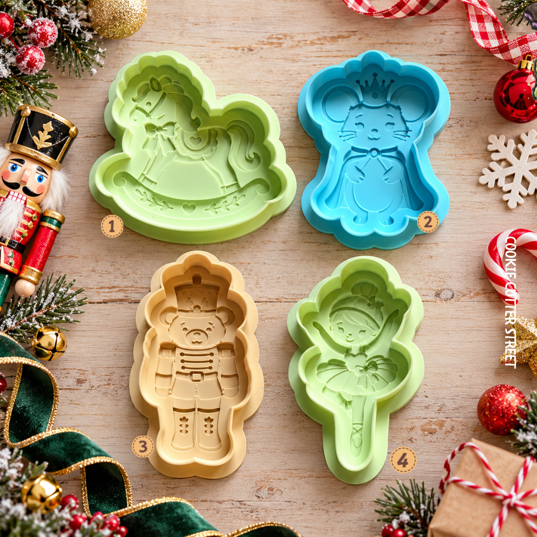 Nutcracker Christmas multi-level icing stamps featuring rocking horse, crowned mouse, teddy bear toy soldier and ballerina designs by Cookie Cutter Street.