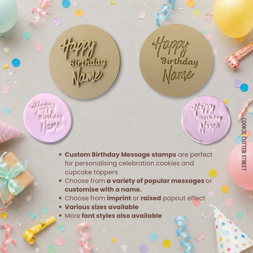 Custom birthday message stamps with decorative elements on a celebratory background