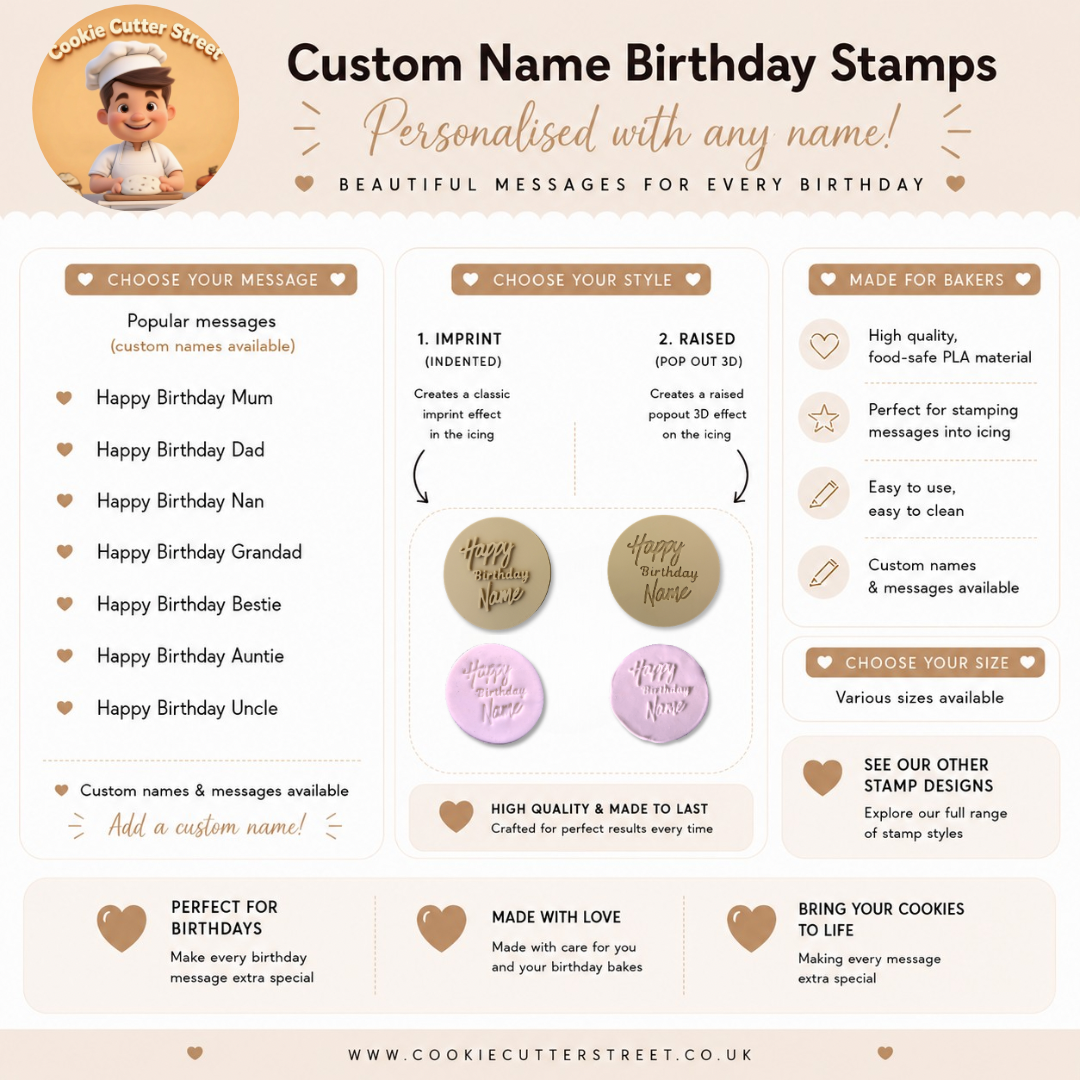 Personalised birthday cookie stamp customised with any name and available in raised or imprint styles for birthday cookies and cupcake toppers.