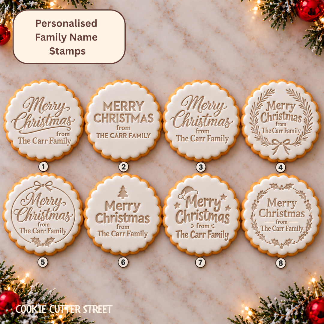 Eight personalised Merry Christmas family name icing stamp designs shown on festive scalloped Christmas biscuits.