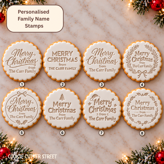 Eight personalised Merry Christmas family name icing stamp designs shown on festive scalloped Christmas biscuits.