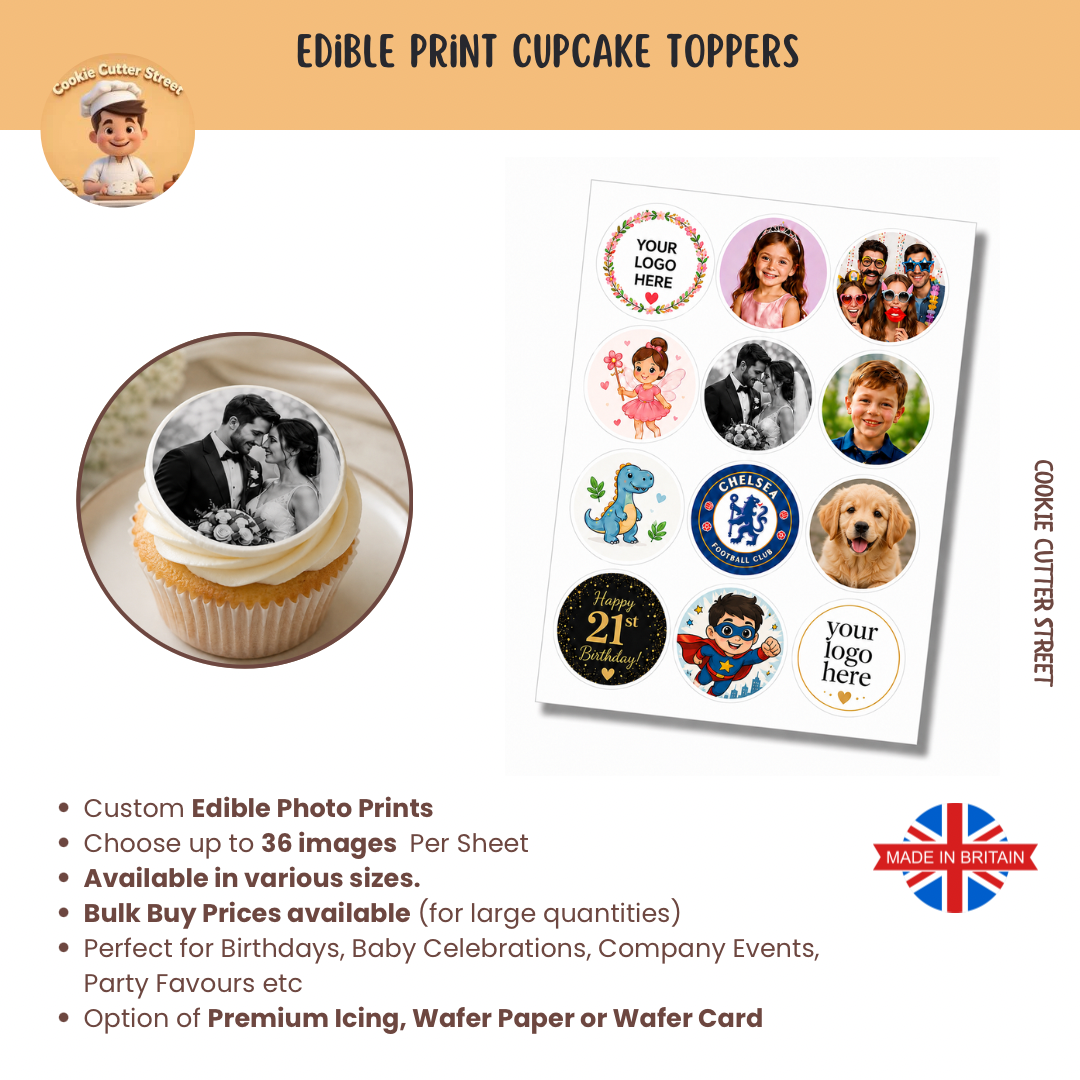 Personalised edible cupcake toppers printed with custom photos, logos or artwork in icing, wafer paper or wafer card, available pre-cut or uncut.