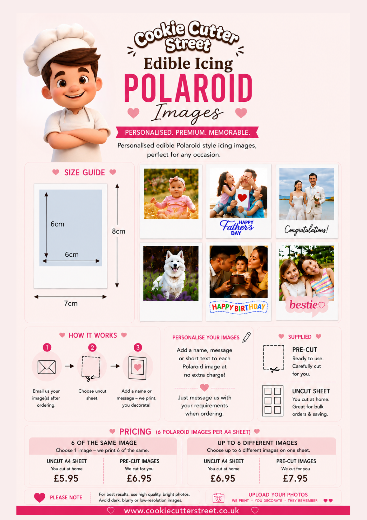A pink and white informational flyer for 'Cookie Cutter Street Edible Icing Polaroid Images' showing a size guide, how it works diagram, pricing, and sample photos of custom edible images.