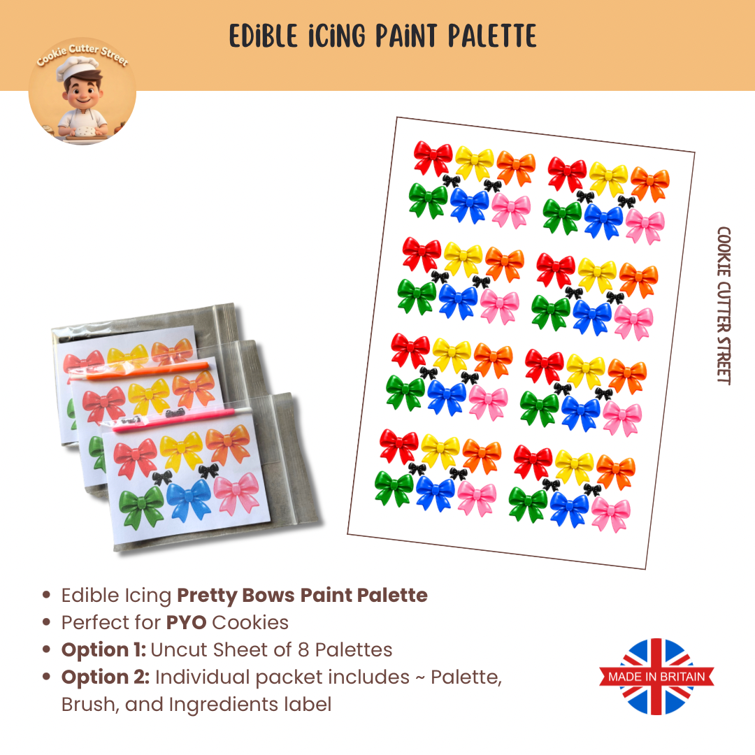 Pretty Bows edible icing paint palettes for PYO cookies featuring colourful red, yellow, orange, green, blue and pink bows. Available as an uncut sheet of 8 palettes or individually packaged with a paintbrush and ingredients label. Ideal for paint your own biscuits, birthday cookie decorating kits, baby showers and baking businesses. Made in the UK by Cookie Cutter Street.