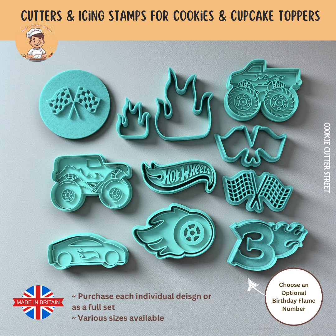 Set of racing monster truck cookie cutters and icing stamps with various designs on a grey background.