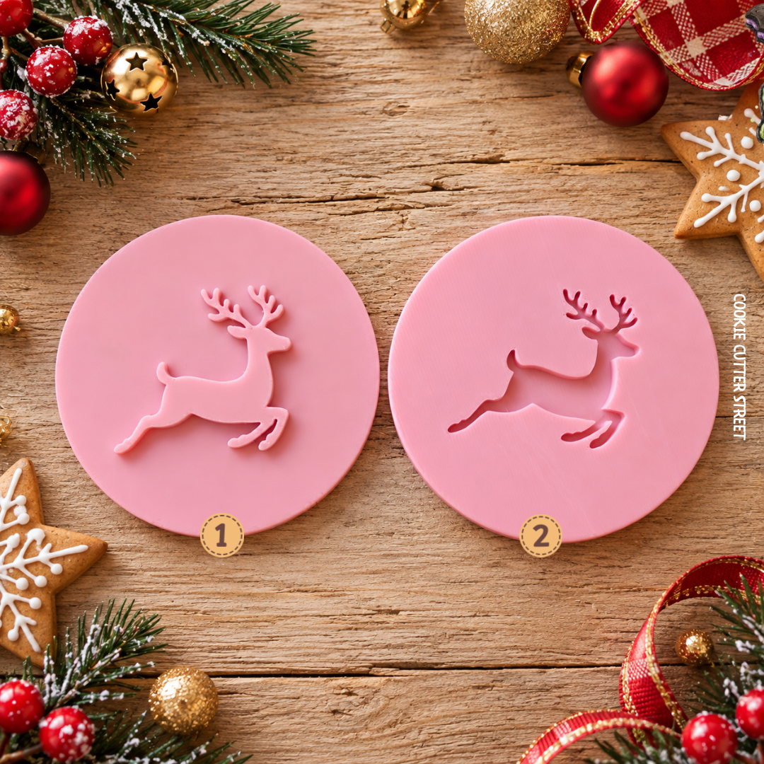 **Reindeer Christmas icing stamps with imprint and raised popout leaping reindeer designs for festive fondant cookies**