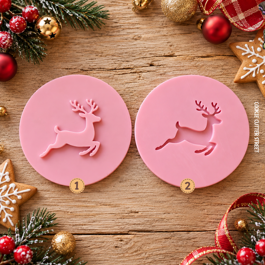 **Reindeer Christmas icing stamps with imprint and raised popout leaping reindeer designs for festive fondant cookies**
