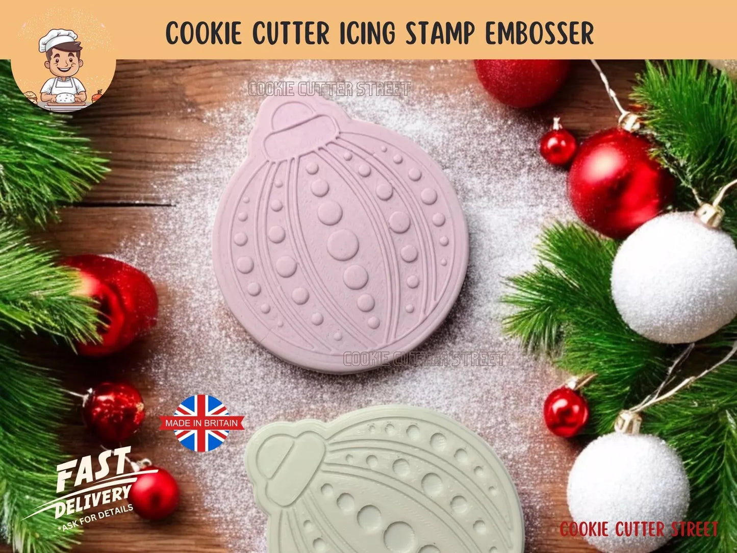Whimsical Christmas Patterned Bauble Cutter & Icing Embosser For Cookies & Cupcake Toppers