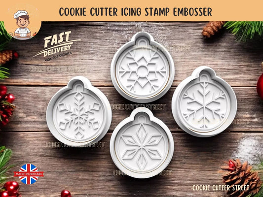 Set Of 4 Snowflake Christmas Bauble Cutters & Icing Embossers For Cookies & Cupcake Toppers