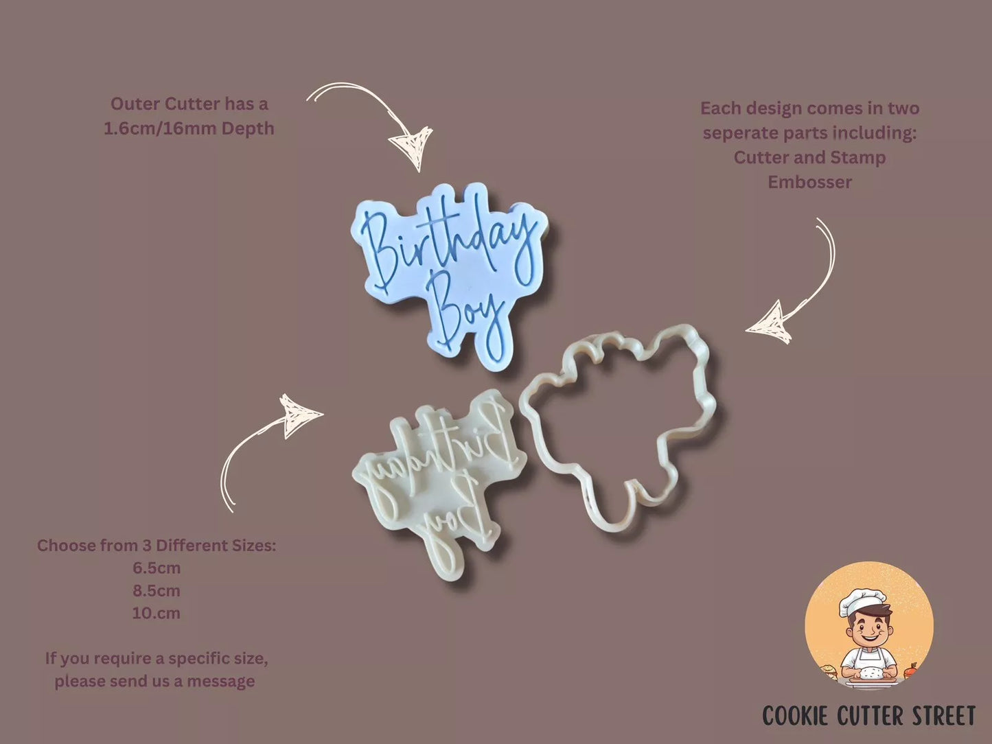 Birthday Boy Design Cutter & Icing Embosser For Cookies & Cupcake Toppers