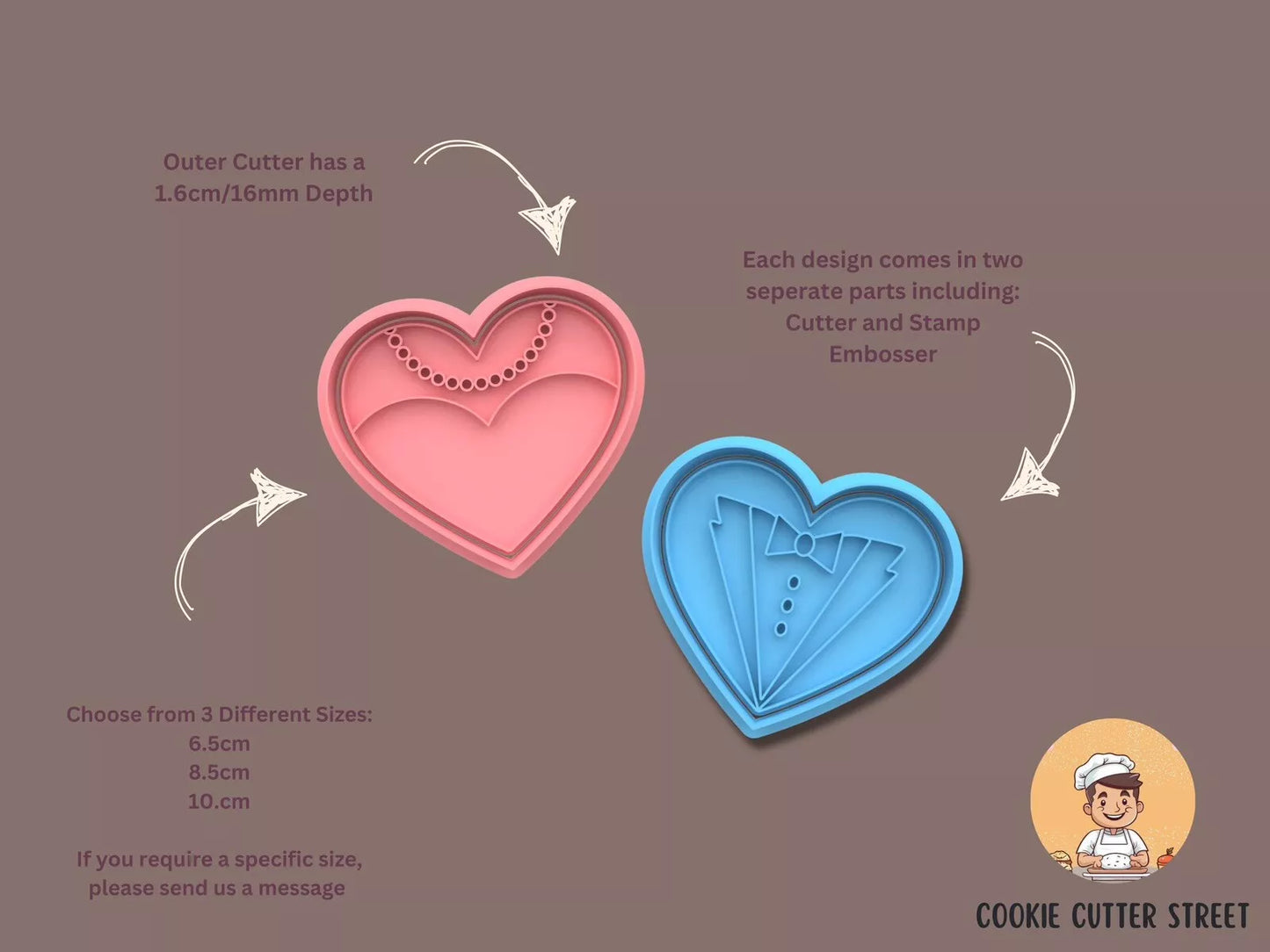 Bride & Groom Heart Cutters & Icing Embossers For Cookies & Cupcake Toppers