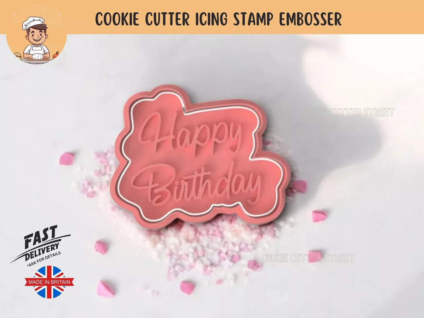 Happy Birthday Script Font Design Cutter & Icing Embosser For Cookies & Cupcake Topper