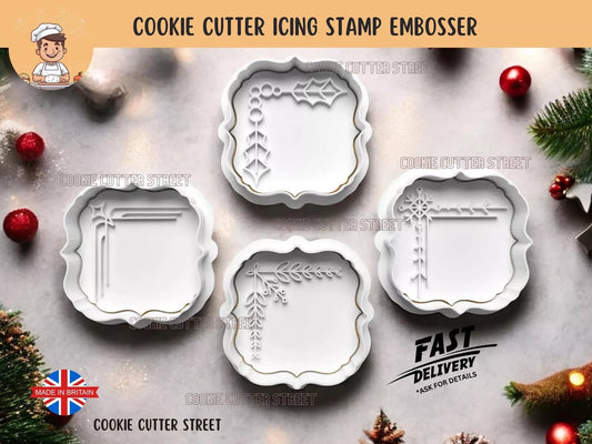 Set Of 4 Christmas Frame Plaque Cutters & Icing Embossers For Cookies & Cupcake Toppers