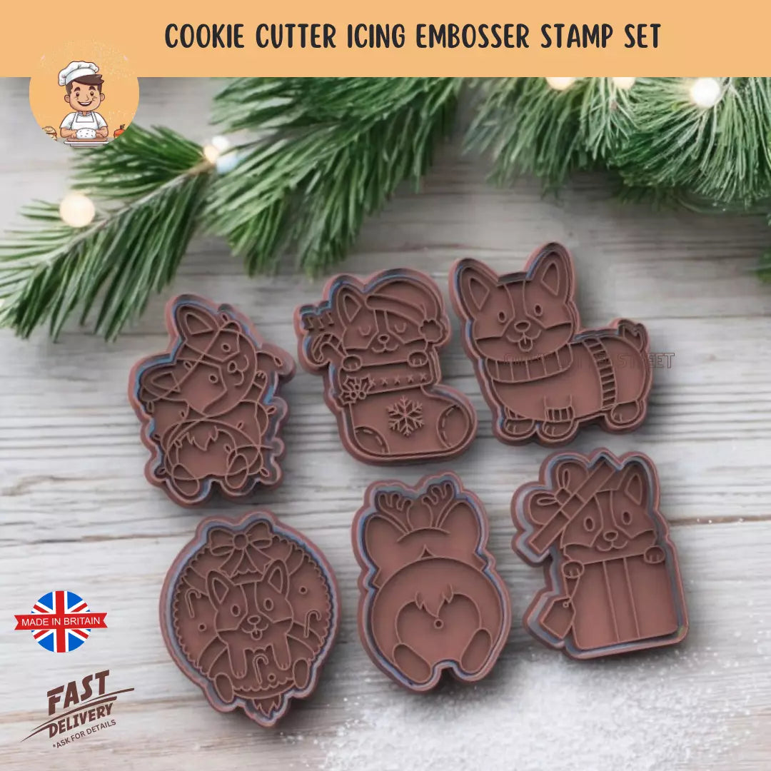 Set of 6 Christmas Corgi Dog Treat Cutters & Icing Embossers For Cookies & Cupcake Toppers