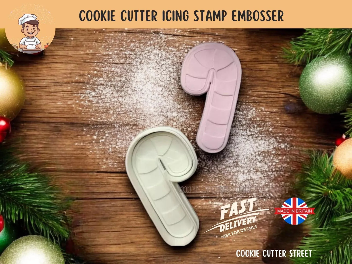 Whimsical Christmas Candy Cane Cutter & Icing Embosser For Cookies & Cupcake Toppers
