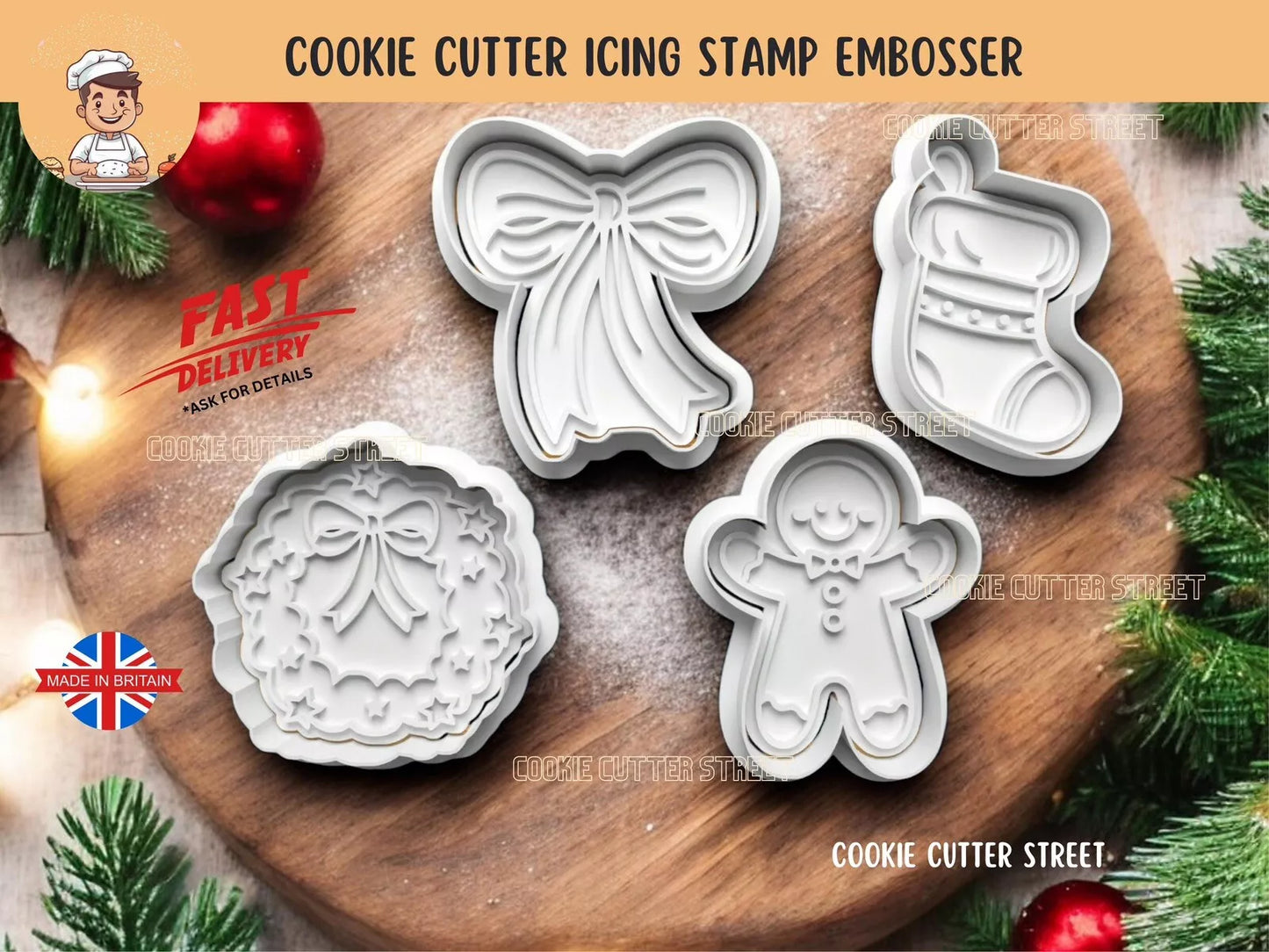 Set Of 4 Christmas Mix Cutters & Icing Embossers For Cookies & Cupcake Toppers