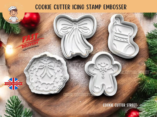 Set Of 4 Christmas Mix Cutters & Icing Embossers For Cookies & Cupcake Toppers