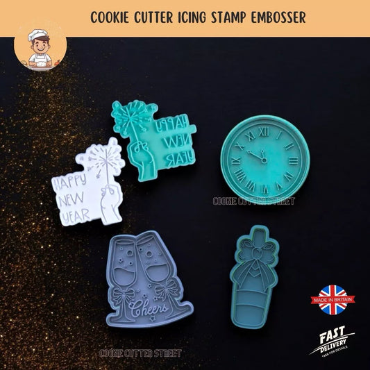 Set of New Year Themed Cutters & Icing Embossers For Cookies & Cupcake Toppers