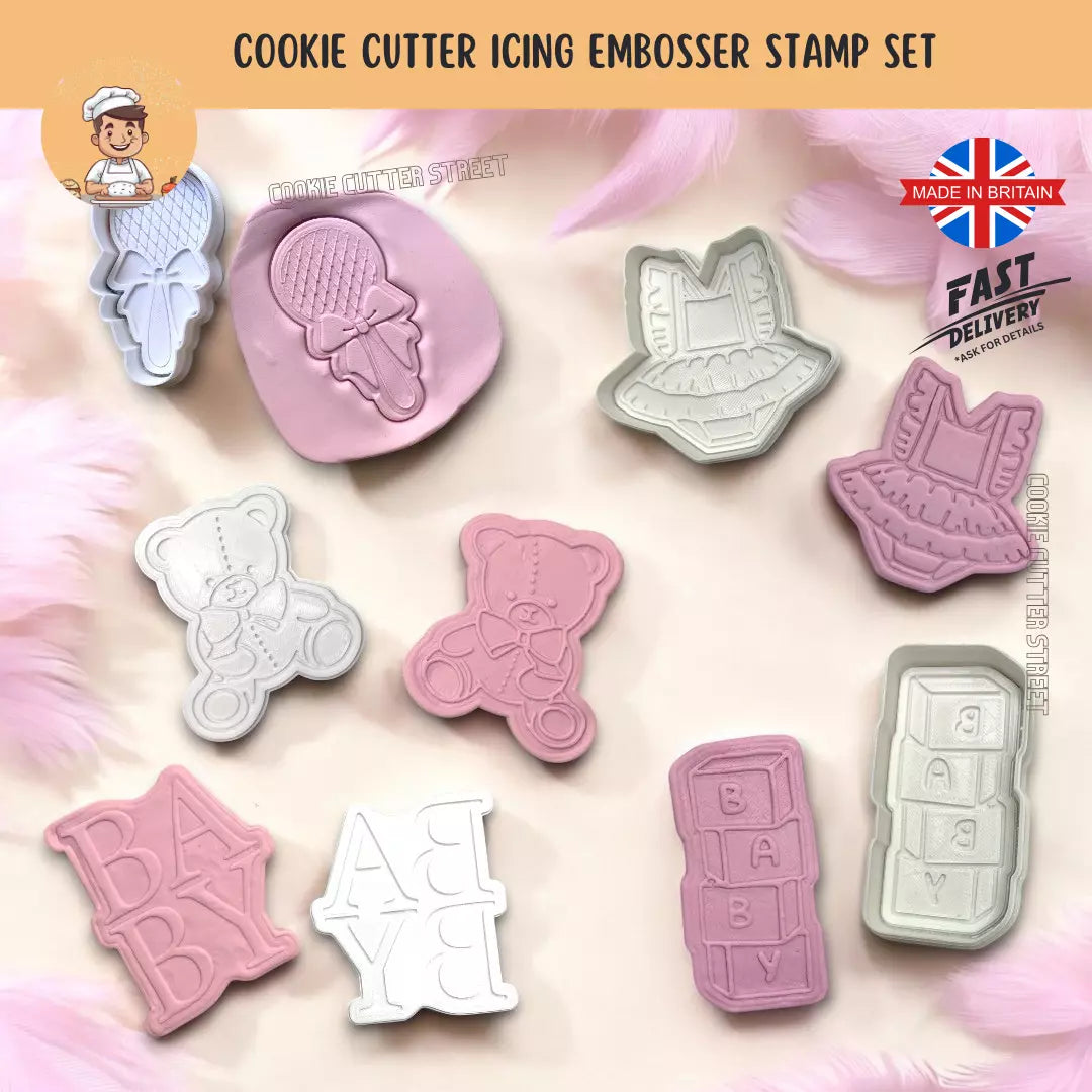 Set of 5 Adorable Baby Shower Cutters & Icing Embossers For Cookies & Cupcake Toppers