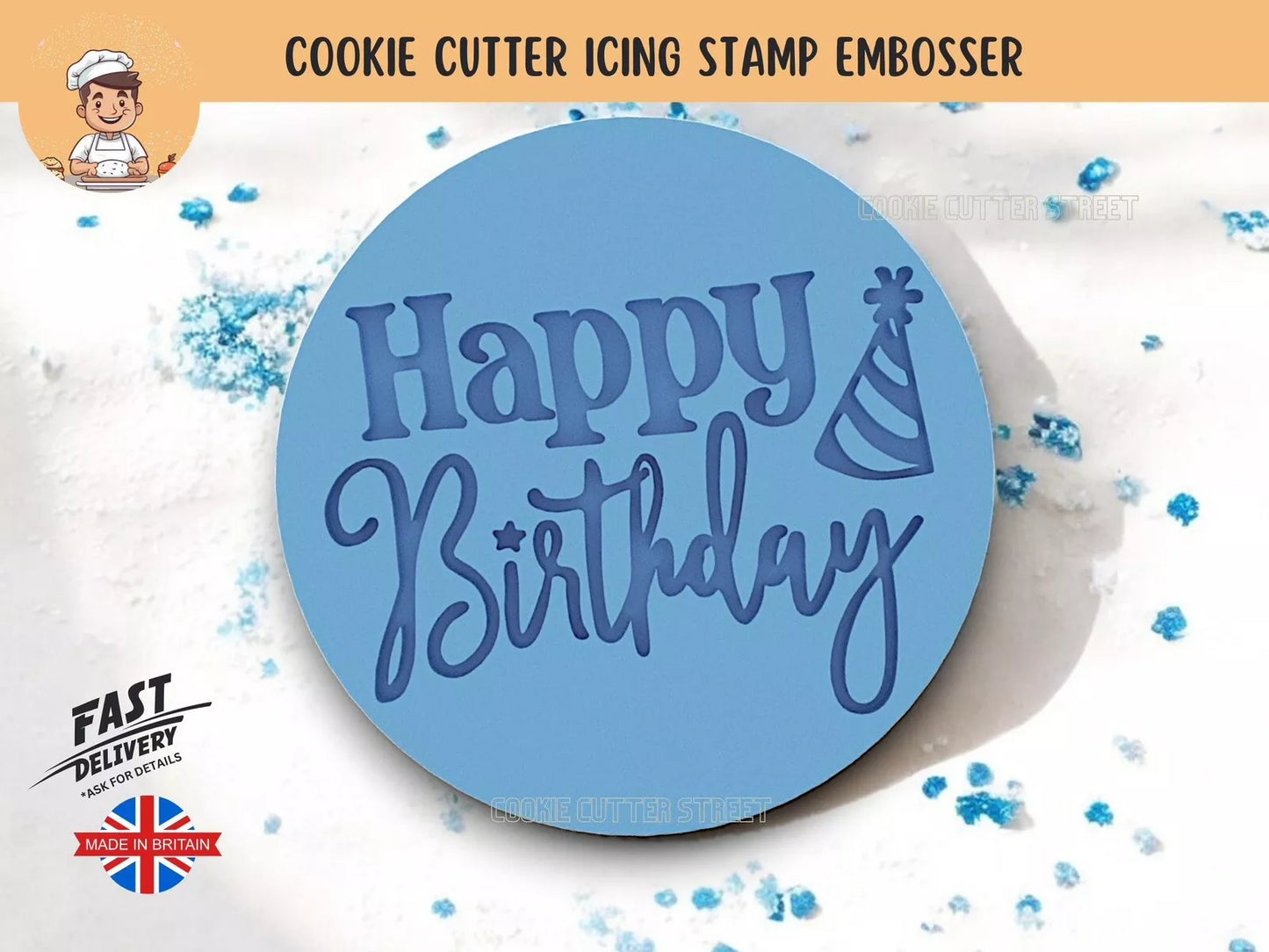 Circular Happy Birthday Party Hat Cutter & Icing Embosser For Cookies & Cupcake Topper