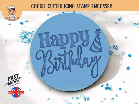 Circular Happy Birthday Party Hat Cutter & Icing Embosser For Cookies & Cupcake Topper