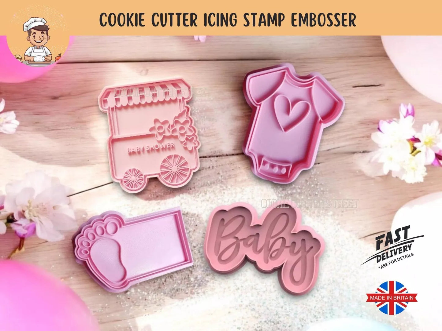 Adorable Sweet Cart Baby Shower Cutters & Icing Embossers For Cookies & Cupcake Toppers