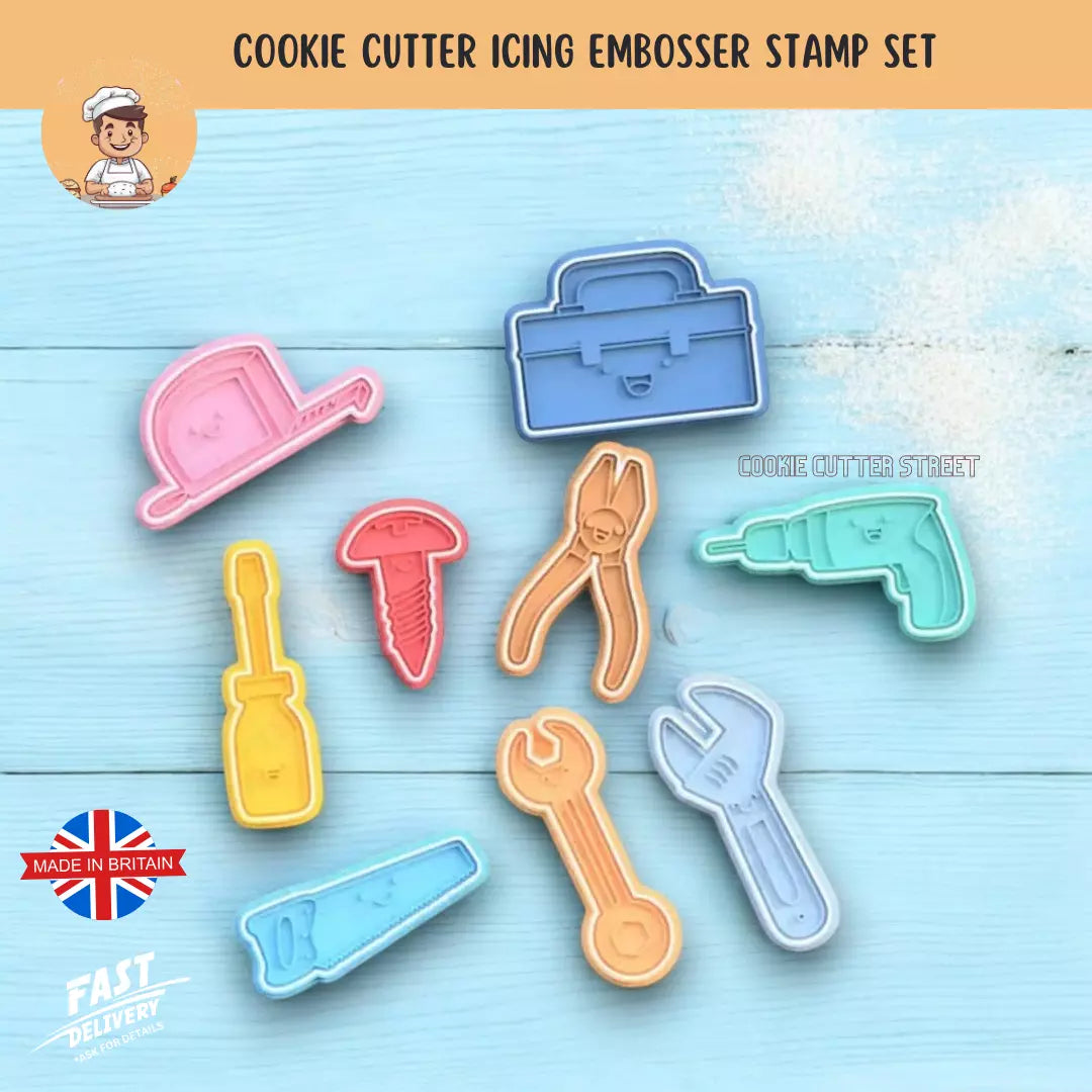 Set of 9 TOOLS for Dad Birthday Fathers Day Cutters & Icing Embossers For Cookies & Cupcake Toppers