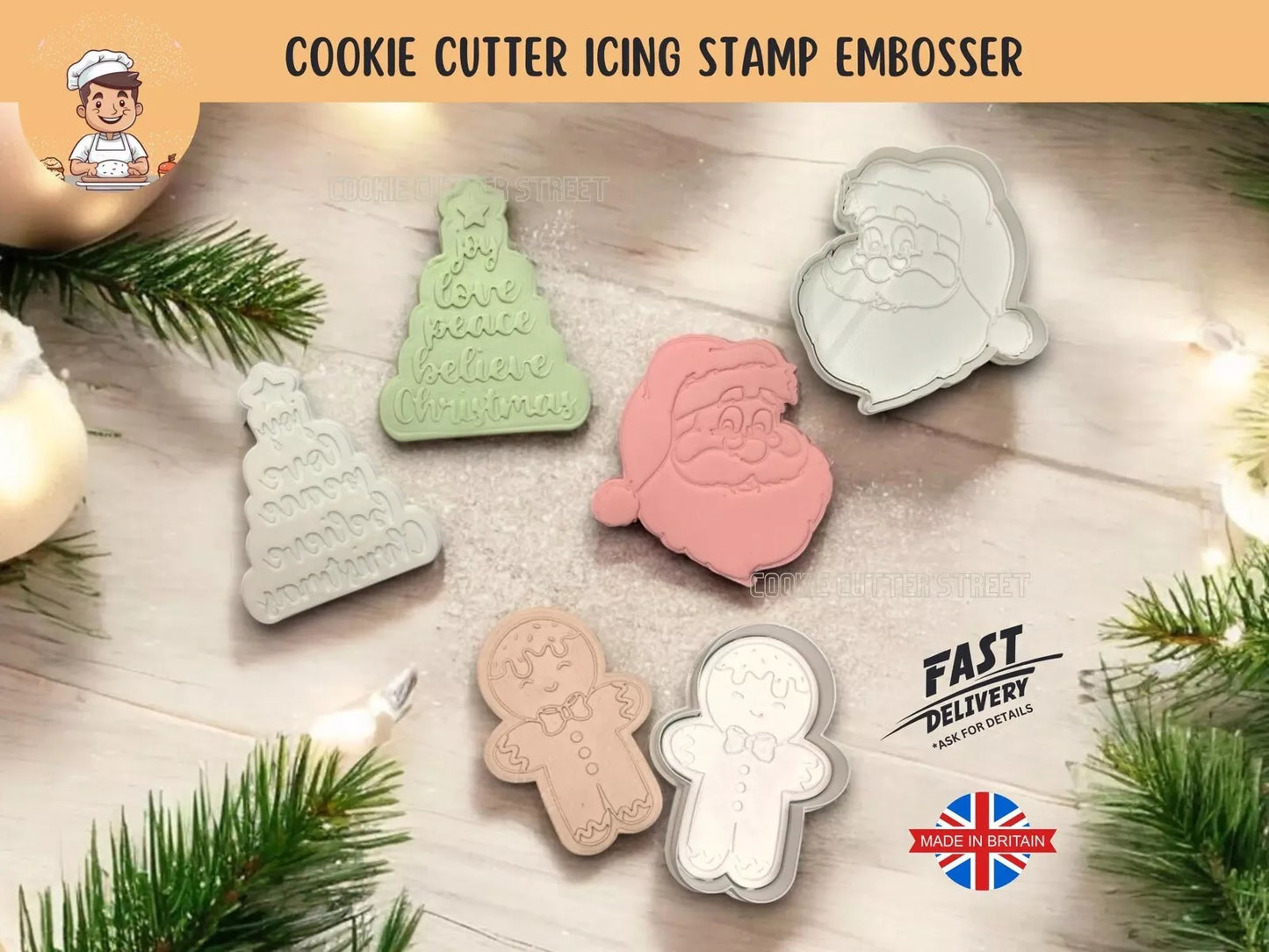 Set of 3 Whimsical Christmas Cutters & Icing Embossers For Cookies & Cupcake Toppers