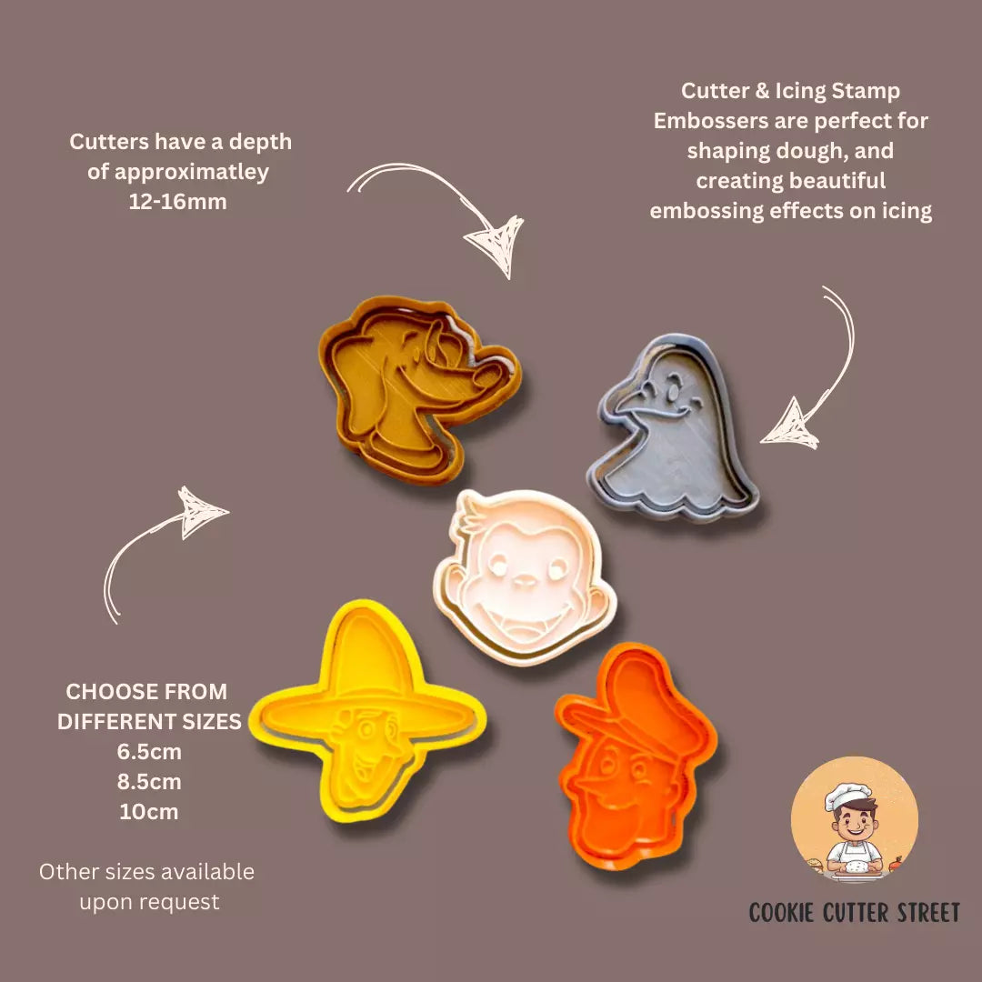 Curious George Monkey Themed Cutters & Icing Embossers For Cookies & Cupcake Toppers