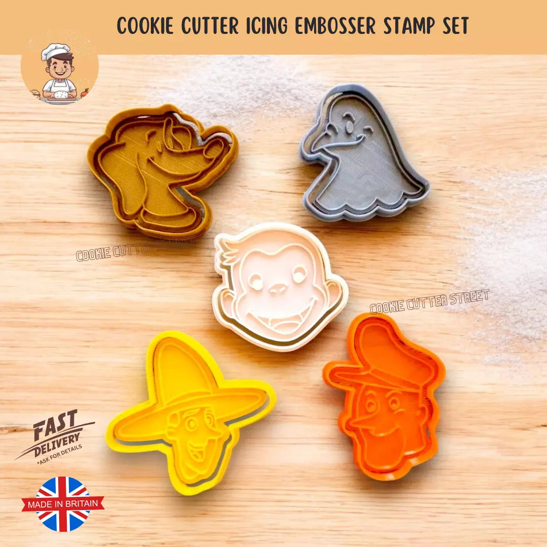 Curious George Monkey Themed Cutters & Icing Embossers For Cookies & Cupcake Toppers