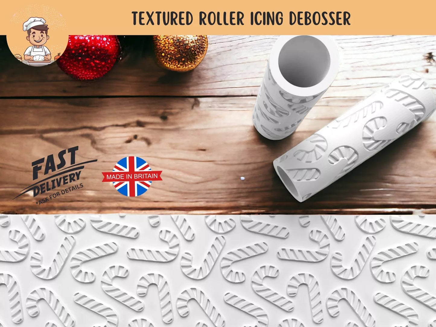 Christmas Candy Cane Texture Roller Icing Stamp Debosser – Festive Designs for Baking & Crafting