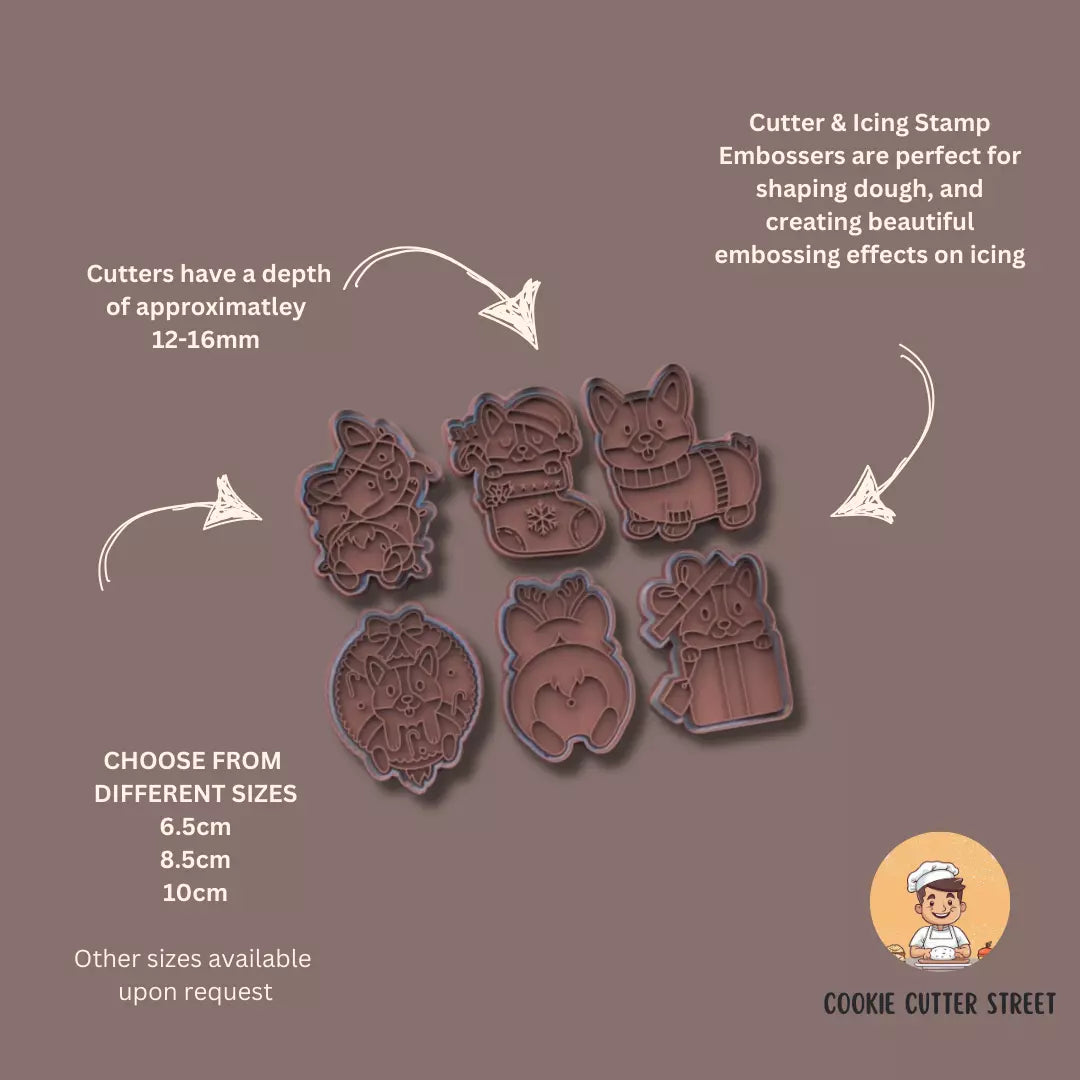 Set of 6 Christmas Corgi Dog Treat Cutters & Icing Embossers For Cookies & Cupcake Toppers