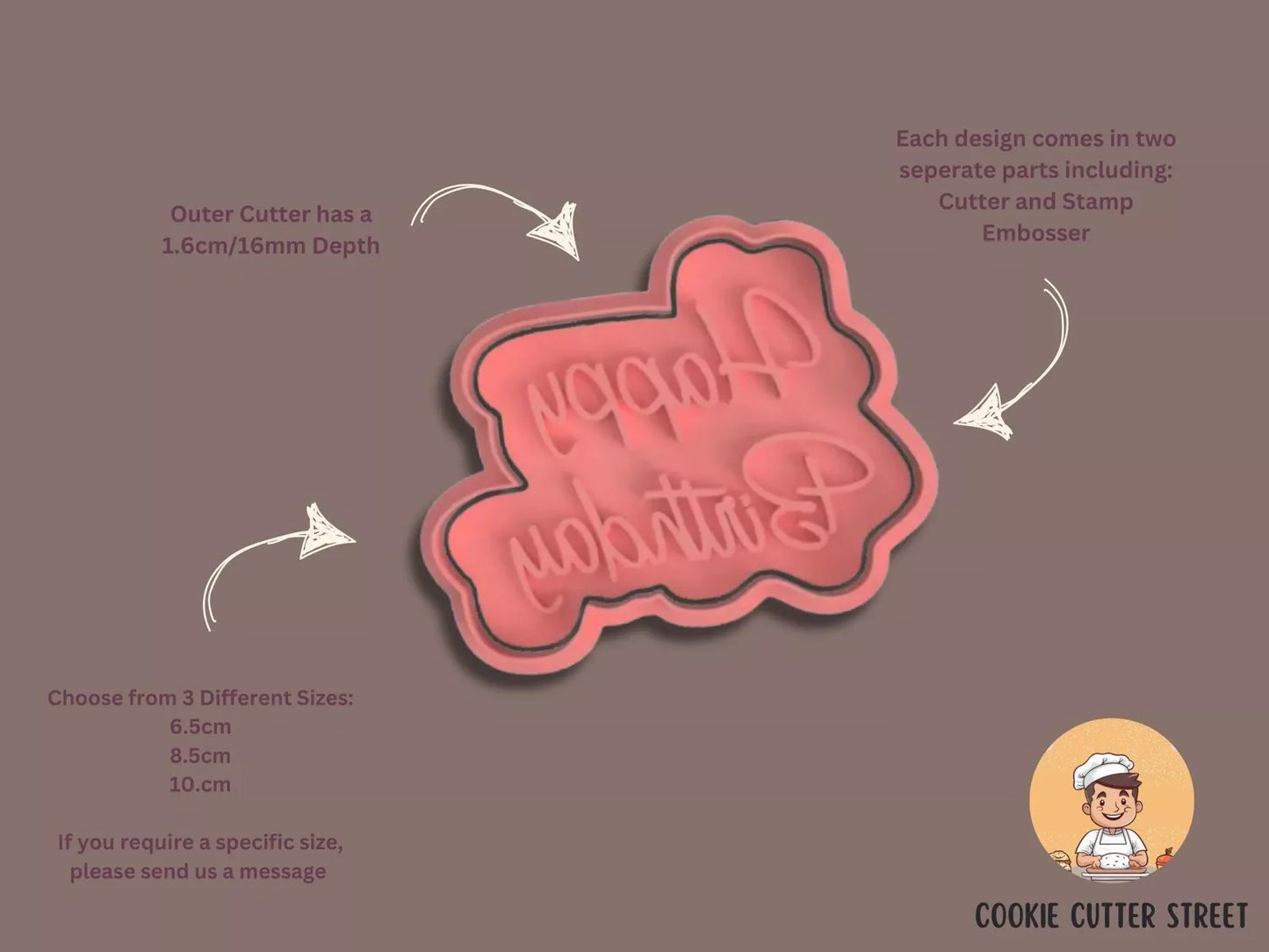Happy Birthday Script Font Design Cutter & Icing Embosser For Cookies & Cupcake Topper